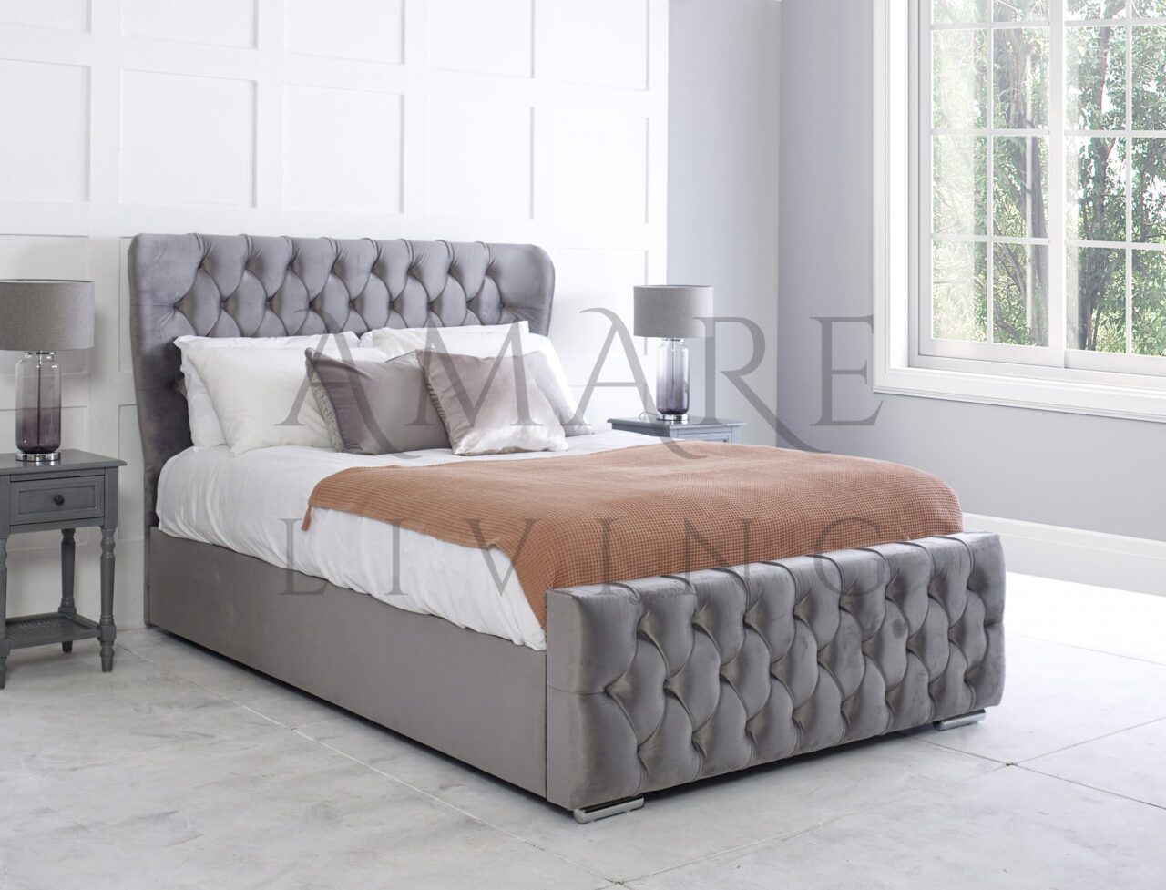 Double 4FT 6, Silver Velvet Unmatchable Ottoman Storage Diamond Design Upholstered Bed Frame in Velvet or Chenille available in Double or King Size