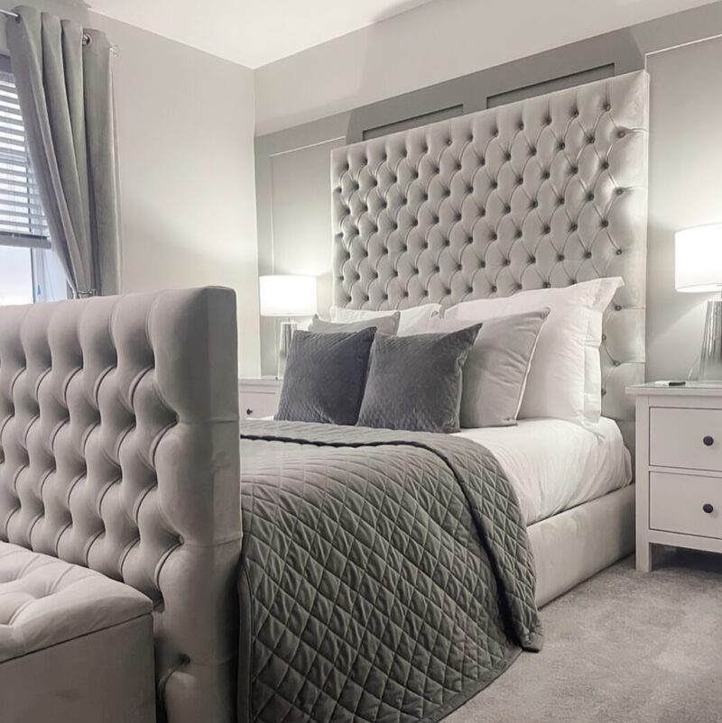 Grand Chesterfield Upholstered Bed in Plush Velvet Silver
