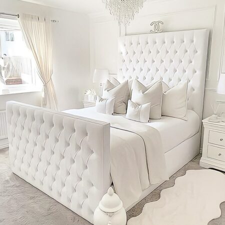 Grand Chesterfield Upholstered Bed in Plush Velvet White