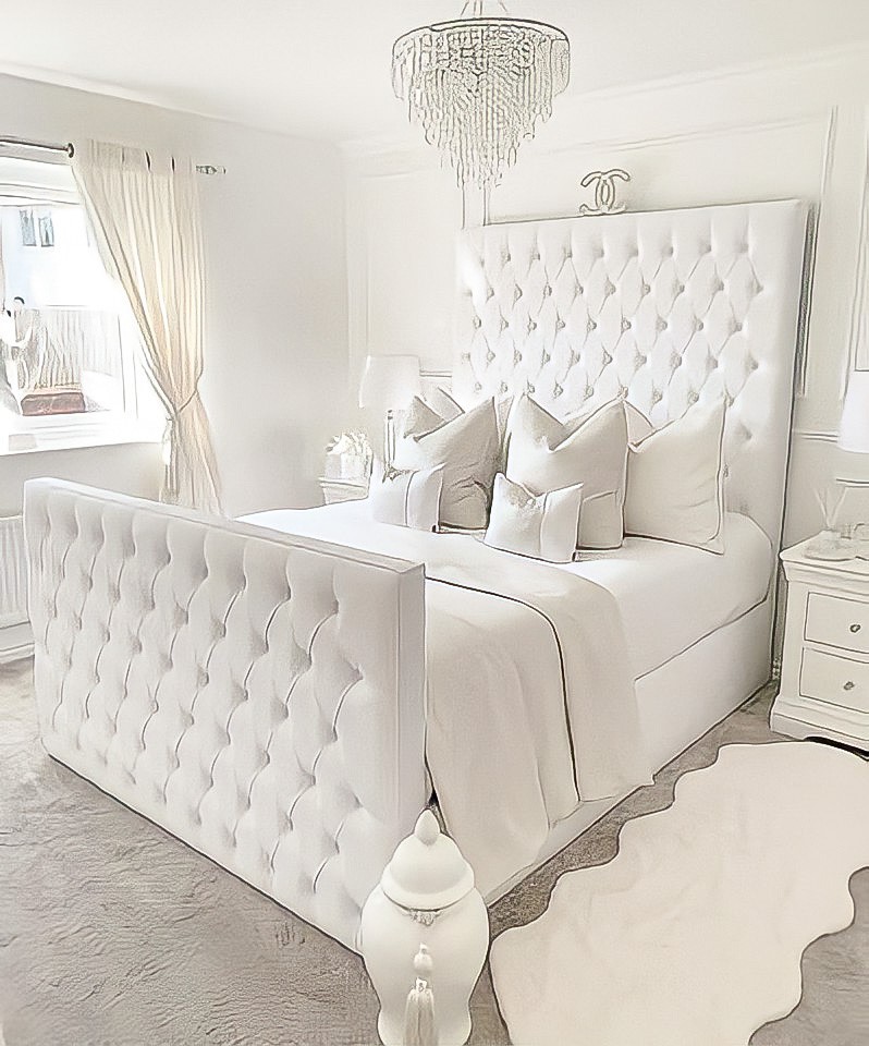 Grand Chesterfield Upholstered Bed in Plush Velvet White