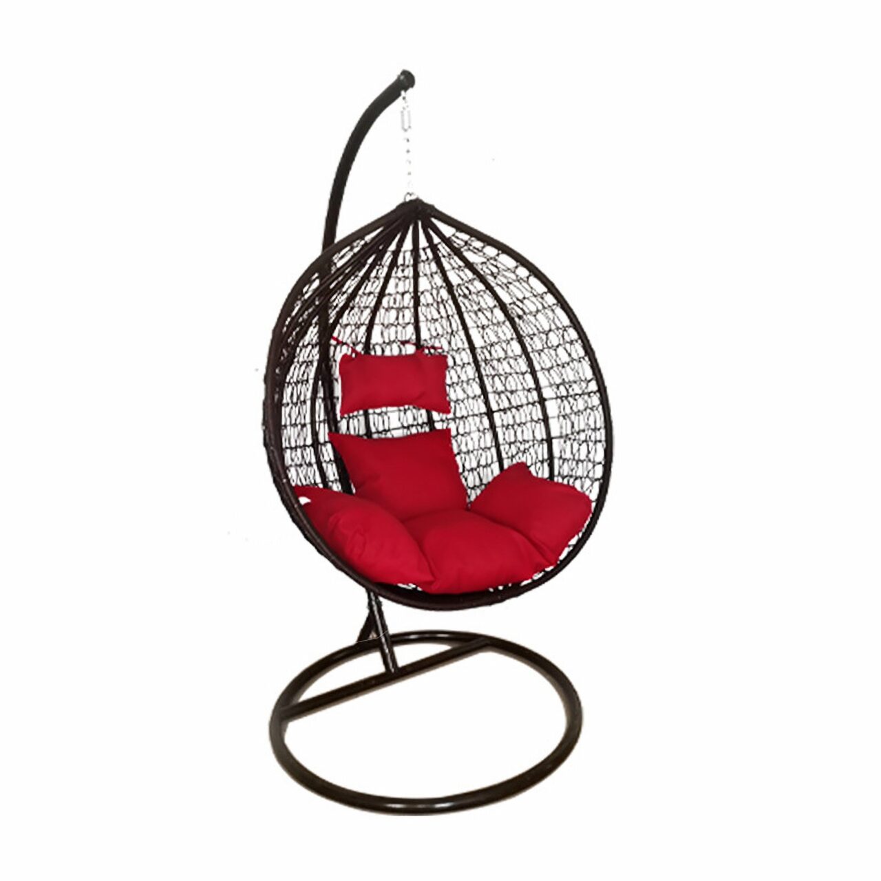 Hanging Rattan Egg Chair - Brown with Red Cushions