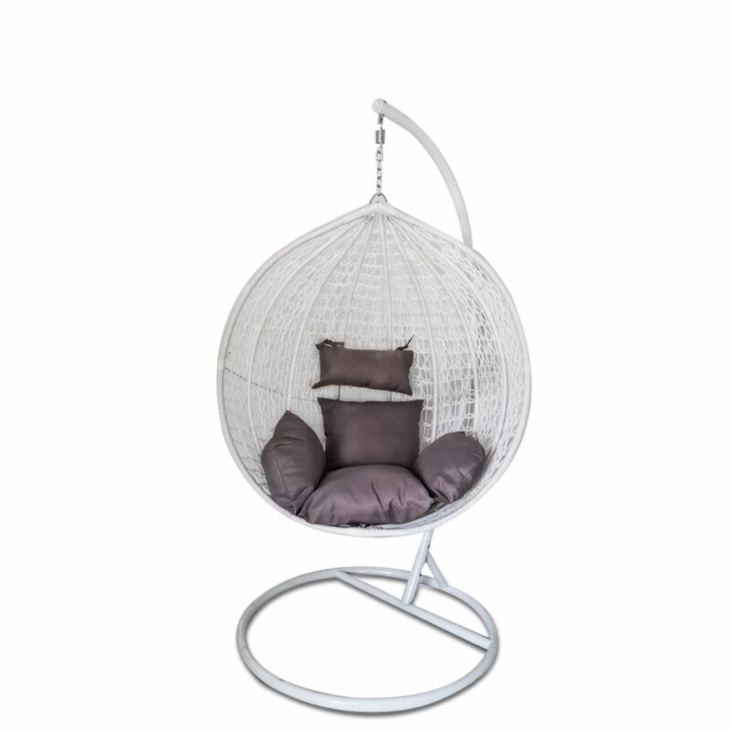 Hanging Rattan Egg Chair - White with Grey Cushions