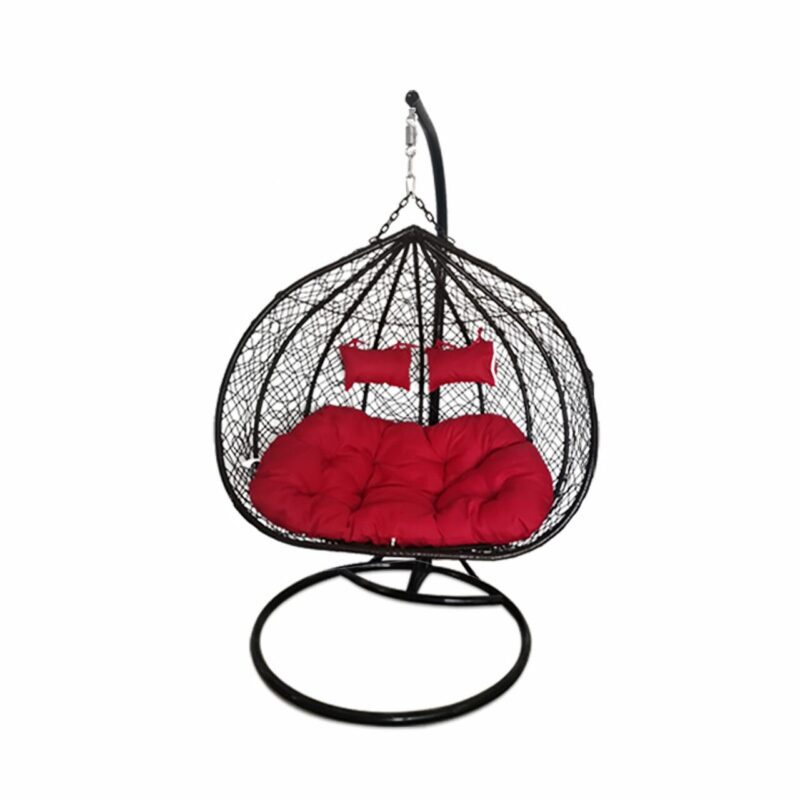 Hanging Rattan Egg Chair - Black with Red Cushions - Double