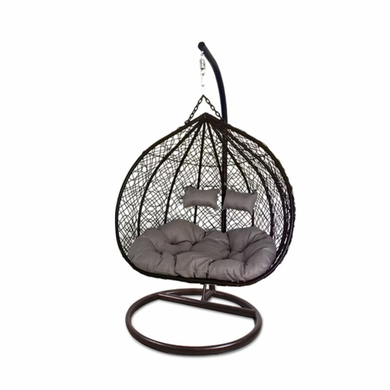 Hanging Rattan Egg Chair - Brown with Grey Cushions - Double