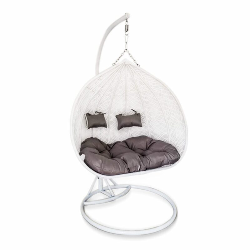 Hanging Rattan Egg Chair - White with Grey Cushions - Double